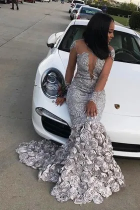 Silver illusion lace and rosette mermaid prom dress