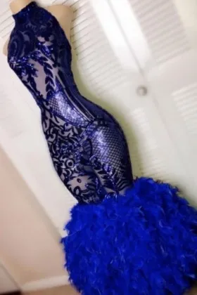cobalt blue illusion sequin and feather prom dress