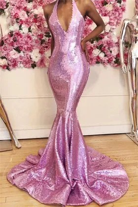 pink sequin halter V neck mermaid prom formal dress