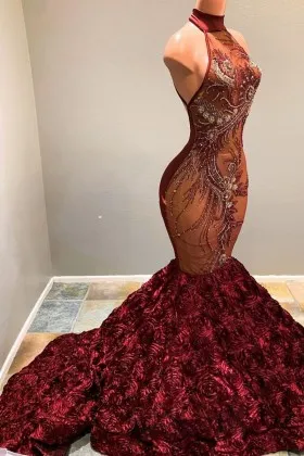 Delicate beaded maroon mermaid 3D rosette long train African American prom dress