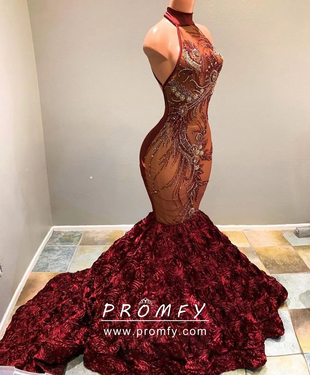 Delicate Beaded Maroon 3D Rosette Halter Prom Dress - Promfy