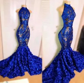 Illusion sheer royal blue sequin with 3D rosette drop waist mermaid long prom dress