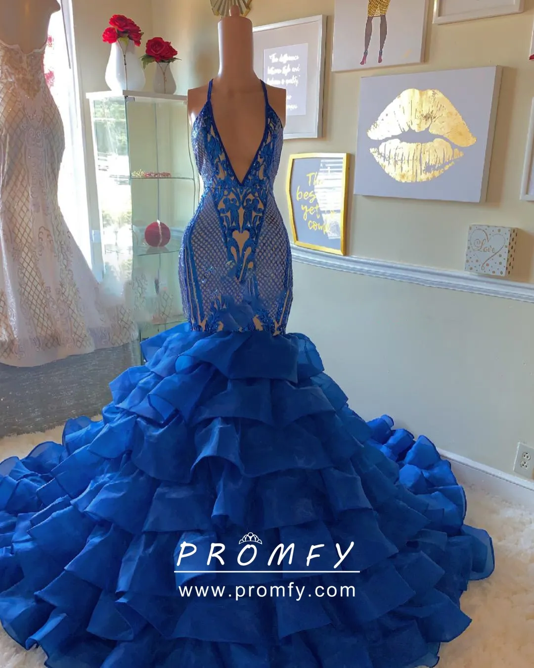 Royal Blue Halter Prom Dress with Slit and Crystal Embellishments