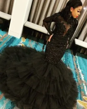 Beaded black lace and tulle tiered trumpet floor length long prom dress