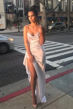 asymmertical draped blush satin slit party dress