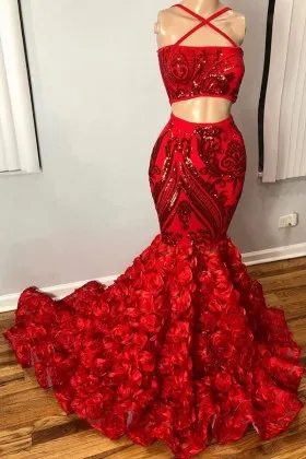 red sequin and 3D rosette two piece mermaid floor length prom dress with short train