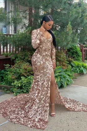 Unique rose gold mermaid long sleeve prom dress