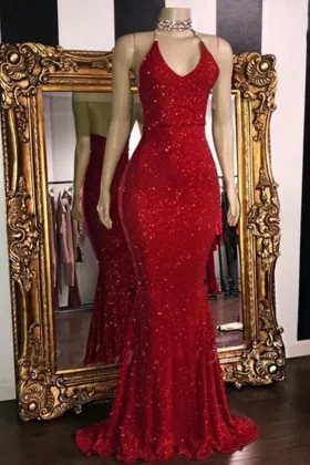 Sparkly red glitter lurex V neck mermaid long prom dress