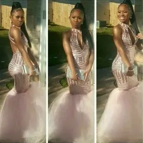 rose gold sequin and tulle halter trumpet prom gown