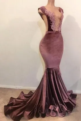Vintage mauve velvet with lace appliques floor length mermaid long prom dress