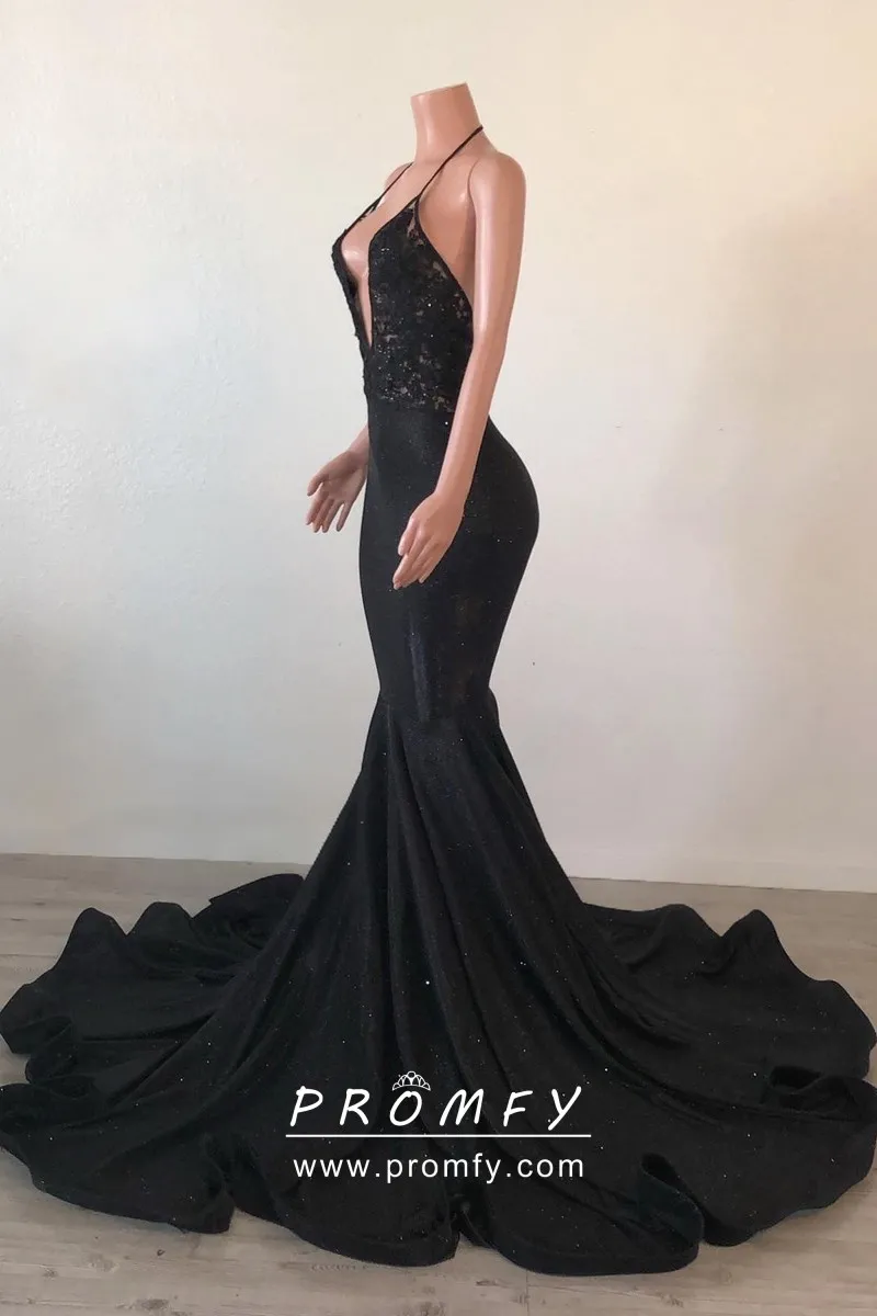 Black Lace and Glossy Fabric Long Train Prom Dress - Promfy