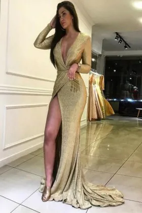 Shiny champagne gold V neck long sleeve slit dress