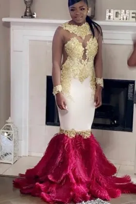 Cut out yellow lace white spandex and red ostrich hair trumpet floor length prom dress