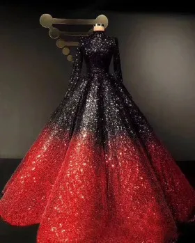 black to red ombre sequin long sleeve ball gown