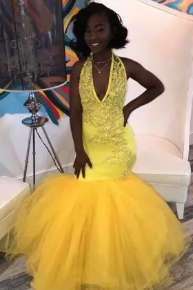 Lace appliqued yellow spandex and tulle trumpet African American long prom dress