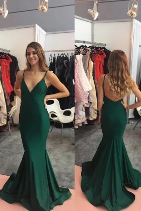 Emerald green spandex mermaid floor length evening prom dress