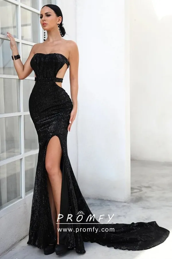 Black Sequin Strapless High Slit Low 