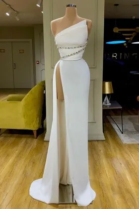 Asymmetrical Beaded White High Slit Prom Dress