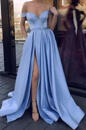 blue satin off shoulder slit prom gown with pockets