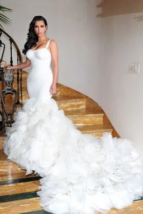 ruffled organza trumpet chapel train wedding dress