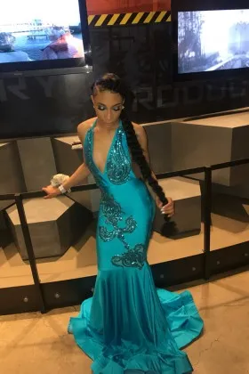 beaded turquoise satin plunging V neck prom dress