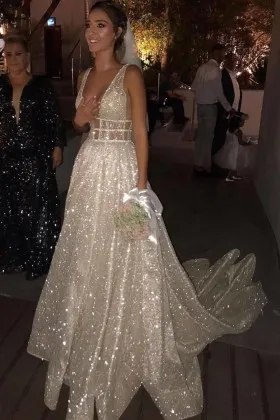 ivory glitter plunging neck long train prom dress