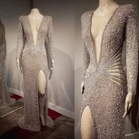 beads diamonds champagne plunging V neck prom gown