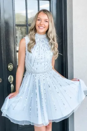 beaded sequinned light blue tulle short prom gown