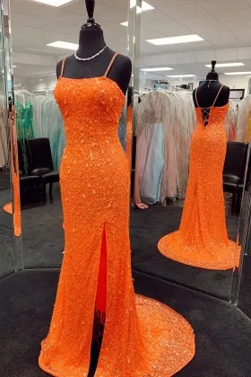 orange sequin spaghetti straps high slit prom dress