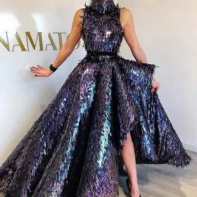 multi color gasoline sequin high low prom ball gown