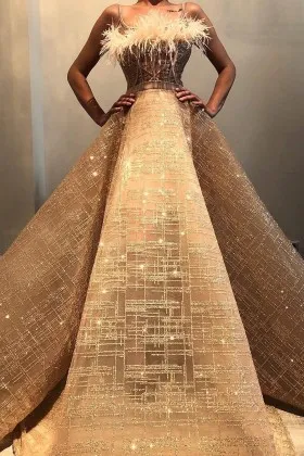 glittery feather corset long champagne prom dress