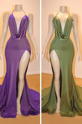 shiny satin cowl neck high slit mermaid prom dress