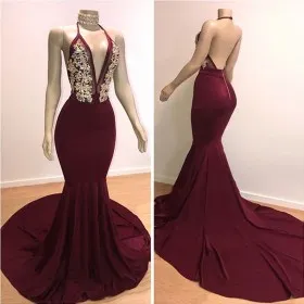 backless beaded burgundy spandex mermaid prom dress