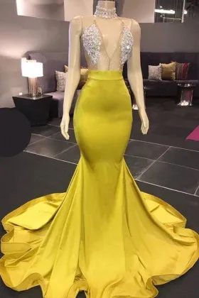 mango yellow beaded sheer bodice mermaid prom dress