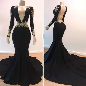 gold lace appliqued black spandex mermaid prom gown