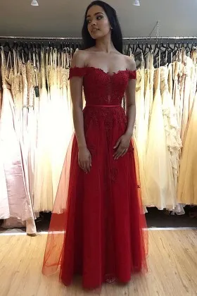 red lace tulle off the shoulder A line prom dress