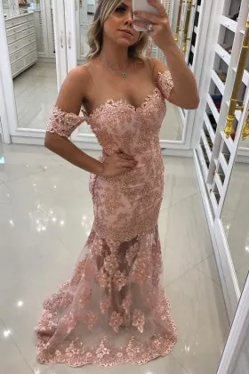 nude pink beaded lace satin sheer tulle prom gown