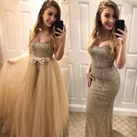 champagne beading mermaid tulle overskirt prom dress