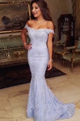 lavender lace off the shoulder mermaid prom dress