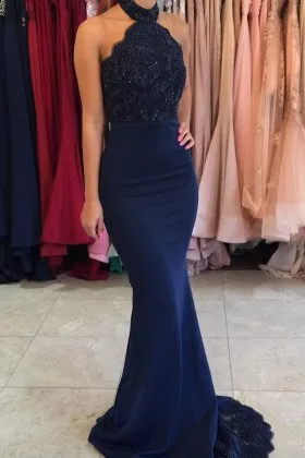 halter neck beaded lace navy blue spandex prom gown
