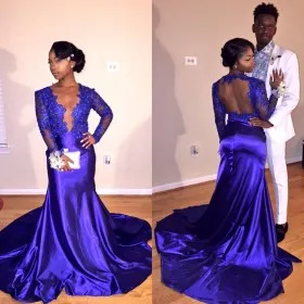 royal blue lace satin long sleeve mermaid prom gown