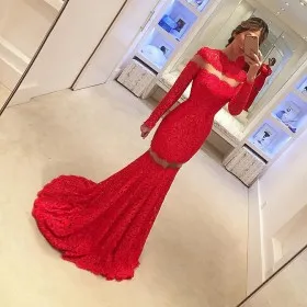 red lace long sleeve cut outs feminine prom dress