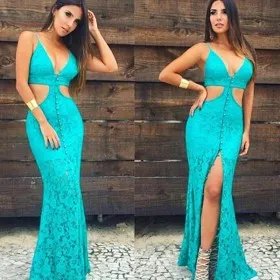 cyan blue lace cut out buttons high slit prom gown