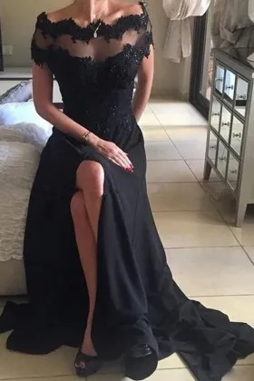 beading scalloped black lace spandex slit prom gown