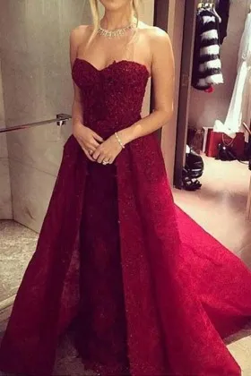 dark red lace sheath prom gown with overskirt