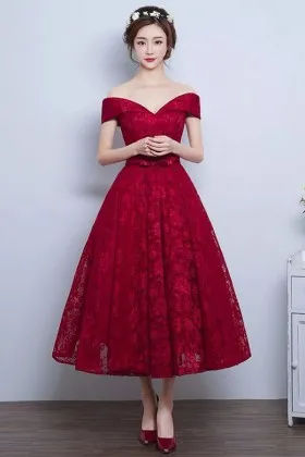 ankle length off the shoulder dark red lace homecoming gown