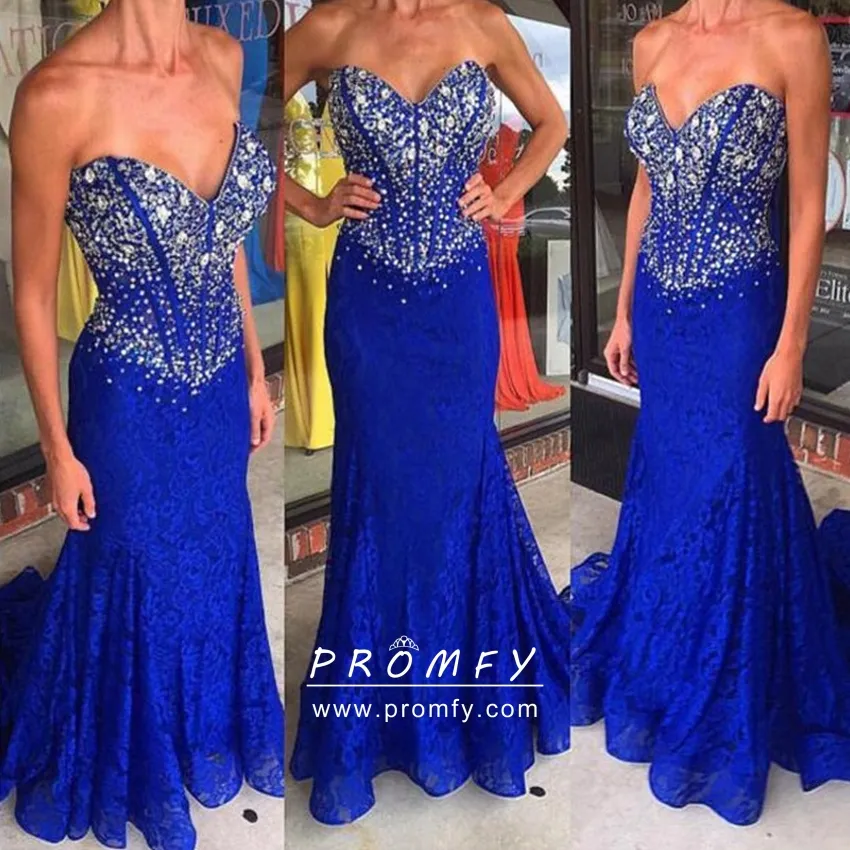 Strapless Beaded Corset Royal Blue Lace Prom Gown Promfy