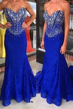 sweetheart beaded corset royal blue lace prom gown