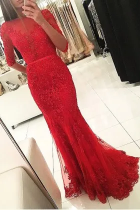 half sleeve beaded illusion red lace long prom gown