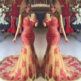 V neck red lace champagne tulle mermaid prom dress